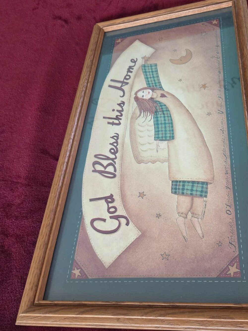 VINTAGE FRAMED FOLK ART PRINT WITH ANGEL AND PHRASE GOD BLESS THIS HOME